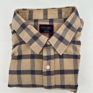 Untuckit Flannel Cotton Tan Plaid Button Up Shirt Men's 2XL Barnard Long Sleeve